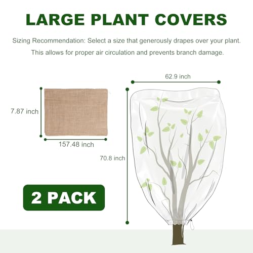 SDLDEER 2 Pack 63 x 71 Inch Plant Covers Freeze Protection, Frost Cloth Plant Freeze Protection With Burlap Tree Wrap, Reusable Breathable Freeze Blankets With Drawstring for Fruit Tree Shrub Potted - Image 2