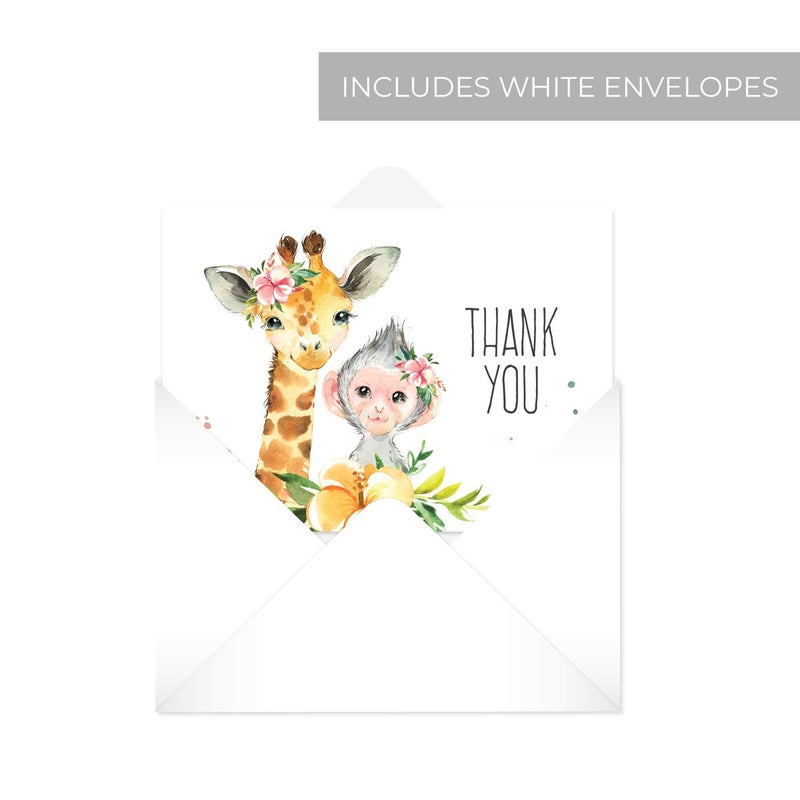 Canopy Street Boho Safari Animal Baby Shower Thank You/New Baby Appreciation Card Set / 24 Jungle Animals Gratitude Cards / 6 Baby Animal Thanks Designs / 3 1/2" x 4 7/8" Note Card Pack - Image 3
