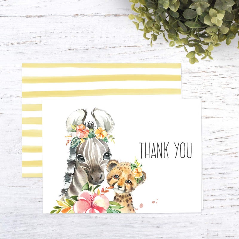 Canopy Street Boho Safari Animal Baby Shower Thank You/New Baby Appreciation Card Set / 24 Jungle Animals Gratitude Cards / 6 Baby Animal Thanks Designs / 3 1/2" x 4 7/8" Note Card Pack - Image 5