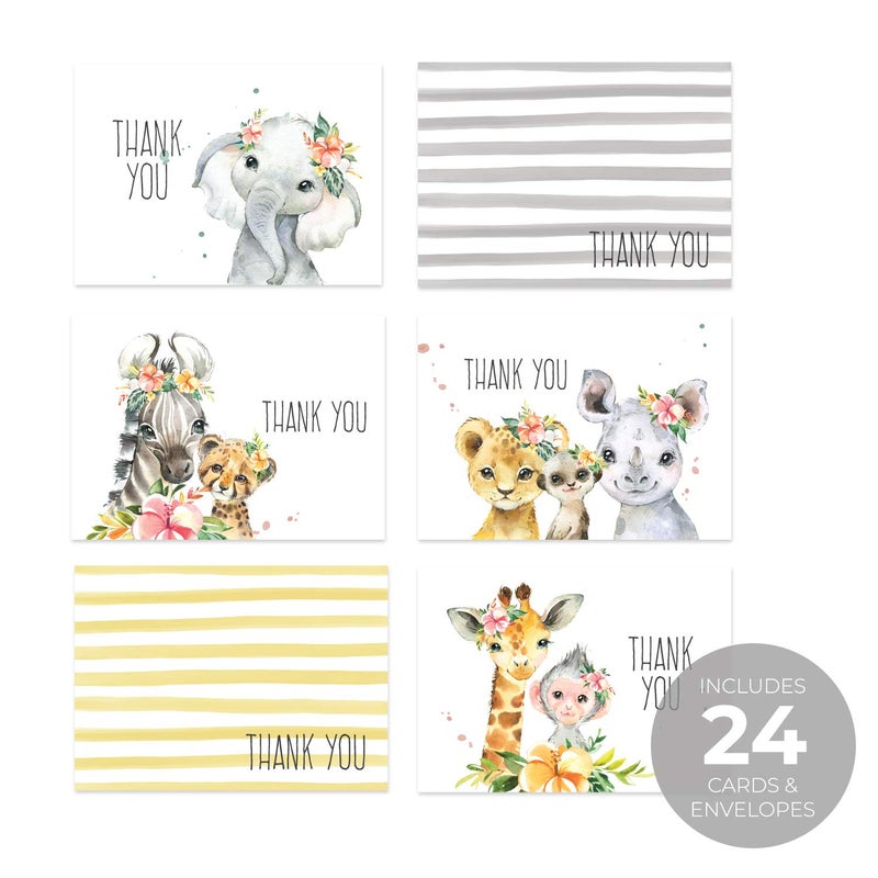 Canopy Street Boho Safari Animal Baby Shower Thank You/New Baby Appreciation Card Set / 24 Jungle Animals Gratitude Cards / 6 Baby Animal Thanks Designs / 3 1/2" x 4 7/8" Note Card Pack - Image 2