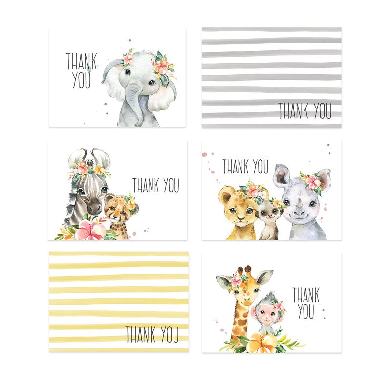 Canopy Street Boho Safari Animal Baby Shower Thank You/New Baby Appreciation Card Set / 24 Jungle Animals Gratitude Cards / 6 Baby Animal Thanks Designs / 3 1/2" x 4 7/8" Note Card Pack - Image 1
