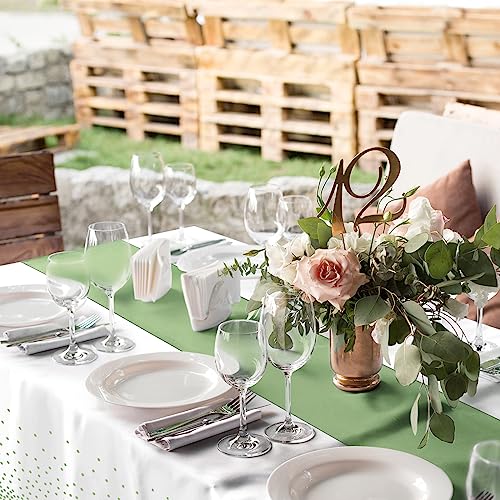 MASHAN 8Pack Plastic Tablecloths and Satin Table Runner Set Disposable White and Sage Green Dot Table Cloth Green Satin Table Runner for Wedding Birthday Baby Shower Anniversary Holiday Party Decorations - Image 4