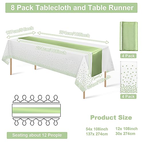 MASHAN 8Pack Plastic Tablecloths and Satin Table Runner Set Disposable White and Sage Green Dot Table Cloth Green Satin Table Runner for Wedding Birthday Baby Shower Anniversary Holiday Party Decorations - Image 2