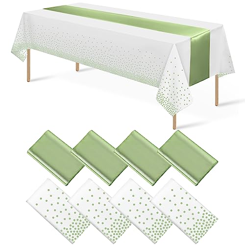 MASHAN 8Pack Plastic Tablecloths and Satin Table Runner Set Disposable White and Sage Green Dot Table Cloth Green Satin Table Runner for Wedding Birthday Baby Shower Anniversary Holiday Party Decorations - Image 1