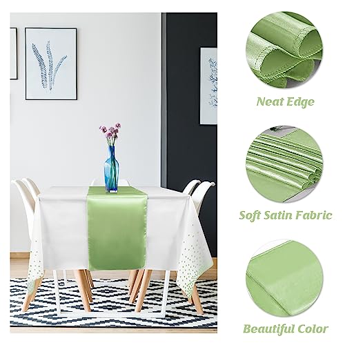 MASHAN 8Pack Plastic Tablecloths and Satin Table Runner Set Disposable White and Sage Green Dot Table Cloth Green Satin Table Runner for Wedding Birthday Baby Shower Anniversary Holiday Party Decorations - Image 3