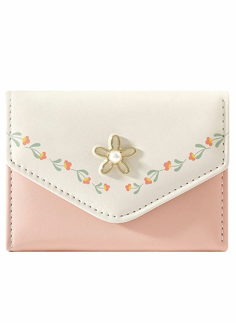 Excefore Women Girls Wallet, Cute Flower Tri-Fold Wallet PU Leather Purse Slim Short Wallet Small Trifold Cash Card Holder Bag (Pink) - Image 1