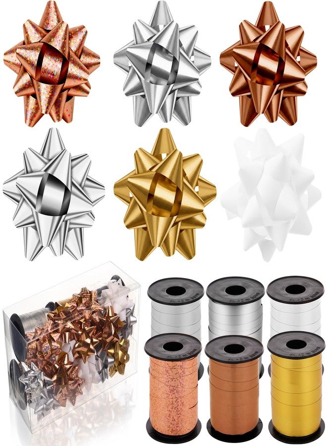 Janinka 24 Pieces Valentine Bows Gift Wrapping Bows Assortment and 6 Rolls of Metallic Ribbons for Valentine Holiday Party Favors Decor Supplies(2 Inch,Fresh Colors Set - Image 1