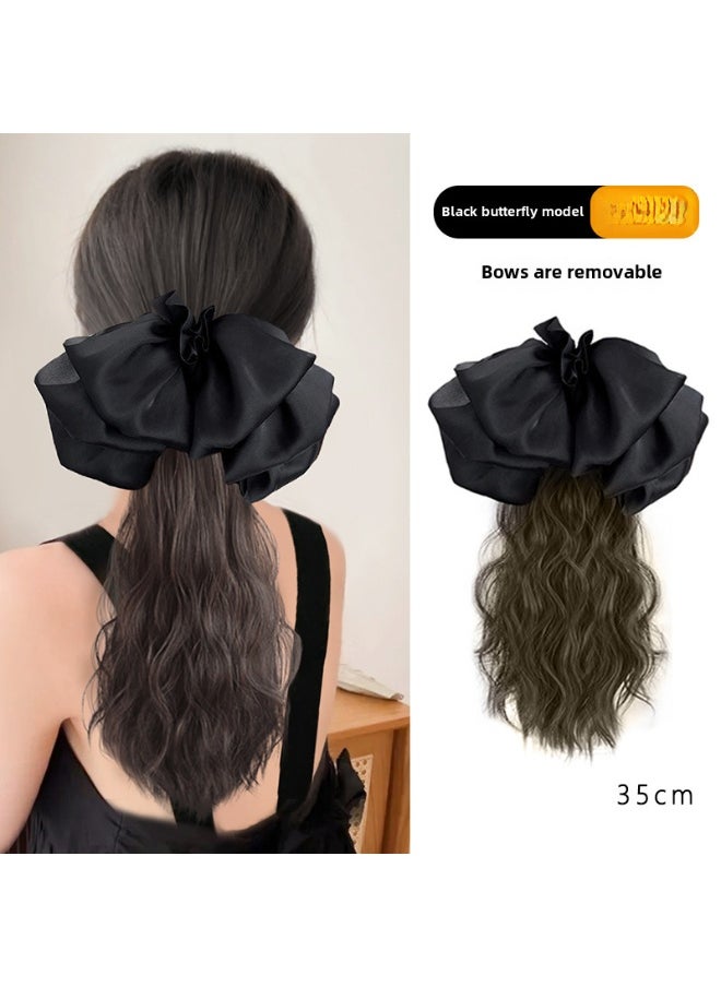 Generic Horsetail Wig Womens Bow Low Horsetail Clip Natural Fluffy Simulation Can Tie High School Long Water Corrugated Roll HorsetailChiffon Bow Light Brown 55cm Chiffon Bow Light Brown 55cm 