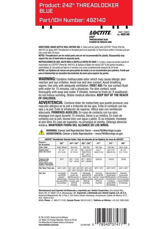 LOCTITE 242 Automotive Blue Threadlocker - Medium-Strength Thread Lock, Multi-Purpose Applications, Works on All Metals - 36 ml, 1 Pack - Image 2