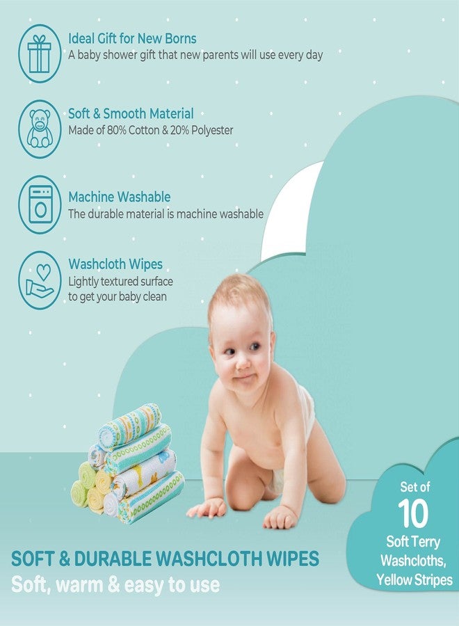 Spasilk Baby Washcloth Wipes Set for Newborn Boys and Girls, Soft Terry Washcloth Set, Pack of 10, Yellow Lines - Image 4