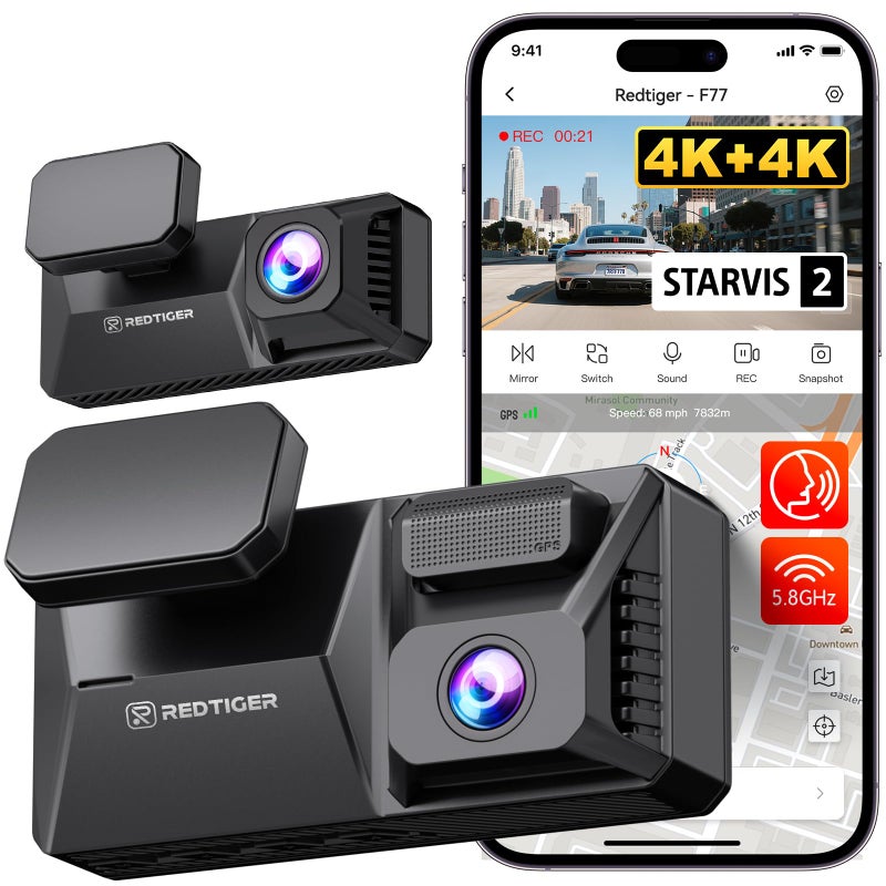 REDTIGER F77 4K4K Dash Cam Front and Rear Dual STARVIS 2 IMX678 HDR Builtin 128GB eMMC Voice Control Dash Camera for Cars with 58GHz WiFi 4 Touch Screen GPS Night Vision 24H Parking Mode - Image 2