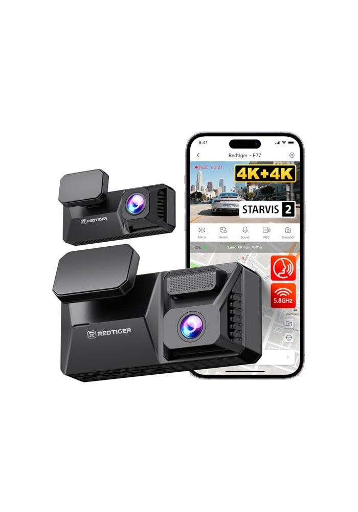 REDTIGER F77 4K4K Dash Cam Front and Rear Dual STARVIS 2 IMX678 HDR Builtin 128GB eMMC Voice Control Dash Camera for Cars with 58GHz WiFi 4 Touch Screen GPS Night Vision 24H Parking Mode - Image 1