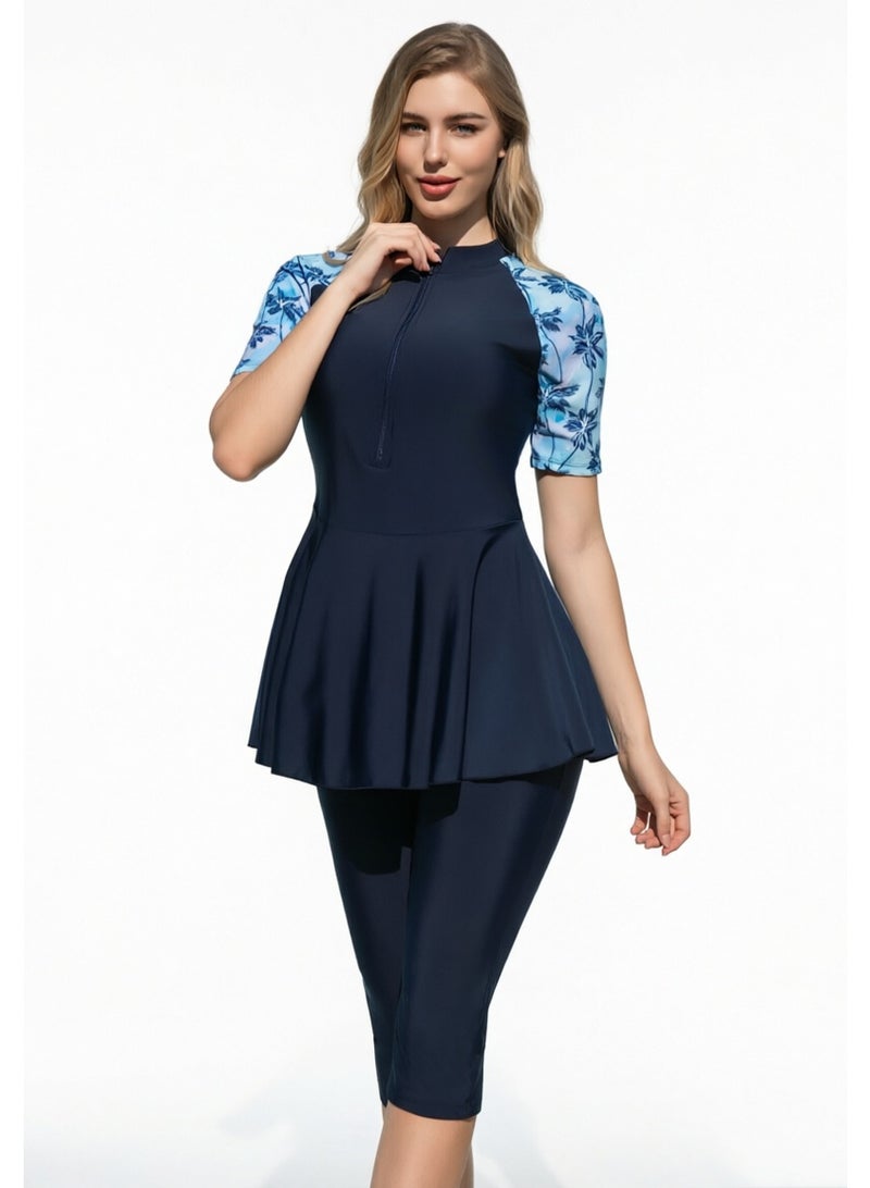 liannaner Women Modest Muslim Swimwear Short Sleeve Floral Raglan Front Zip Swim Dress with Knee Capri Pants Full Coverage Conservative Rash Guard Bathing Suit for Beach Swimming - Image 1