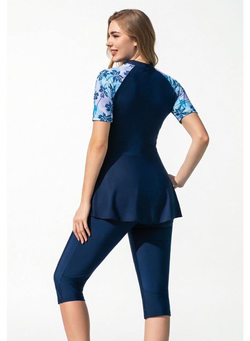 liannaner Women Modest Muslim Swimwear Short Sleeve Floral Raglan Front Zip Swim Dress with Knee Capri Pants Full Coverage Conservative Rash Guard Bathing Suit for Beach Swimming - Image 4