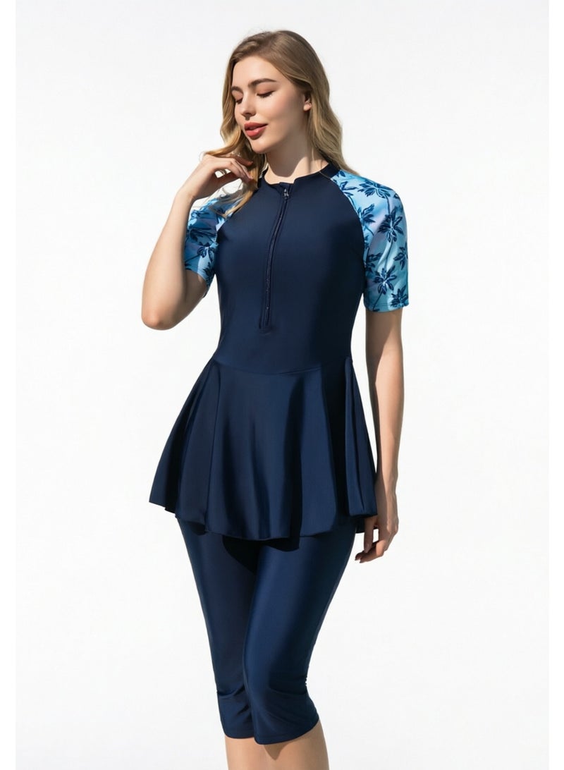 liannaner Women Modest Muslim Swimwear Short Sleeve Floral Raglan Front Zip Swim Dress with Knee Capri Pants Full Coverage Conservative Rash Guard Bathing Suit for Beach Swimming - Image 3
