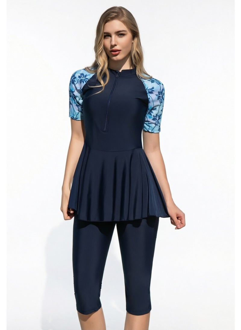 liannaner Women Modest Muslim Swimwear Short Sleeve Floral Raglan Front Zip Swim Dress with Knee Capri Pants Full Coverage Conservative Rash Guard Bathing Suit for Beach Swimming - Image 2