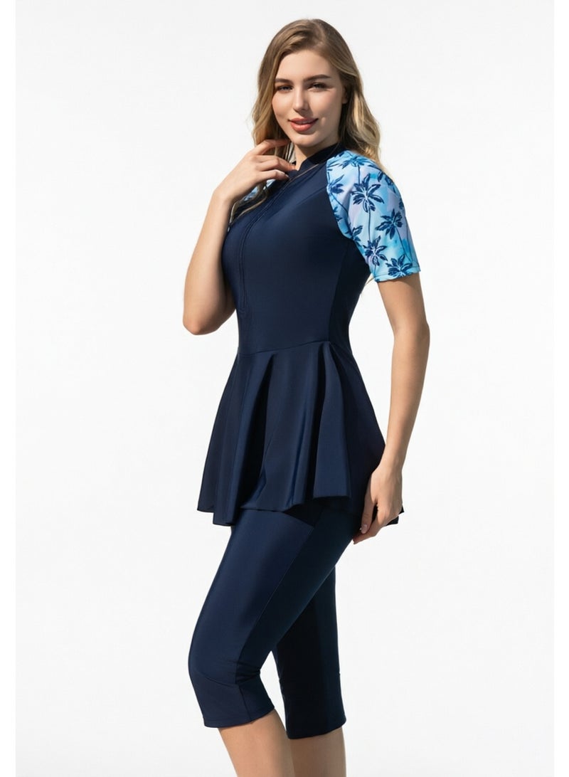 liannaner Women Modest Muslim Swimwear Short Sleeve Floral Raglan Front Zip Swim Dress with Knee Capri Pants Full Coverage Conservative Rash Guard Bathing Suit for Beach Swimming - Image 5