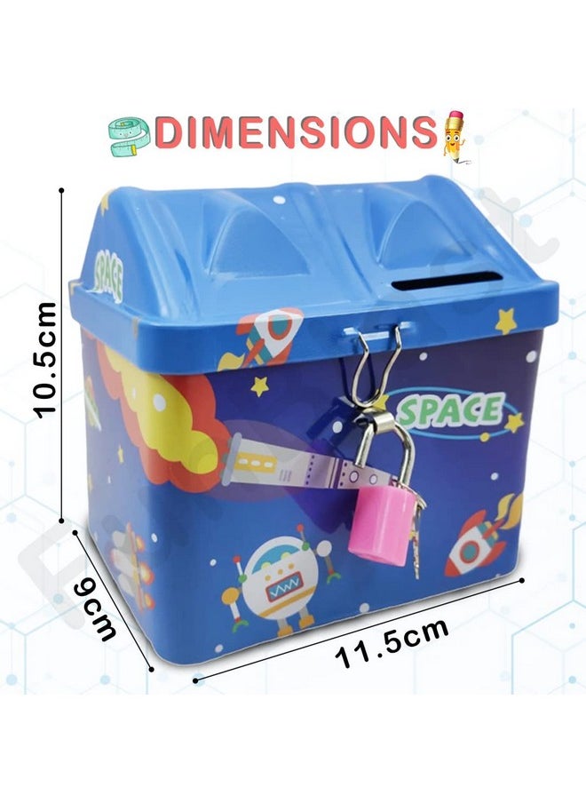 FunBlast FunBlast Piggy Bank for Kids – Space Themed Money Saving Tin Coin Box with Lock and Key – Birthday Return for Boys & Girls, Money Bank, Coin Box for Kids (Blue)  - Image 4