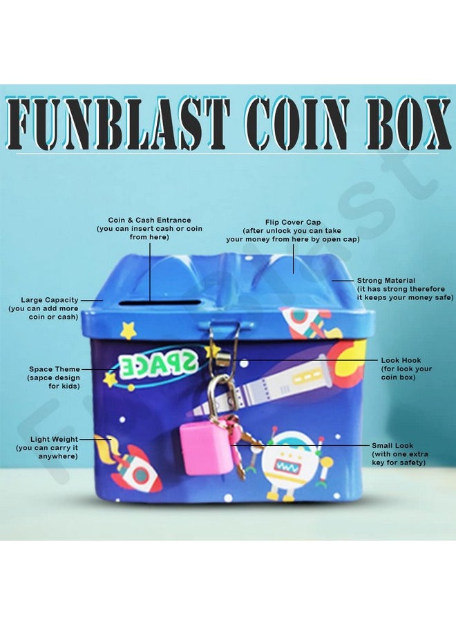 FunBlast FunBlast Piggy Bank for Kids – Space Themed Money Saving Tin Coin Box with Lock and Key – Birthday Return for Boys & Girls, Money Bank, Coin Box for Kids (Blue)  - Image 3