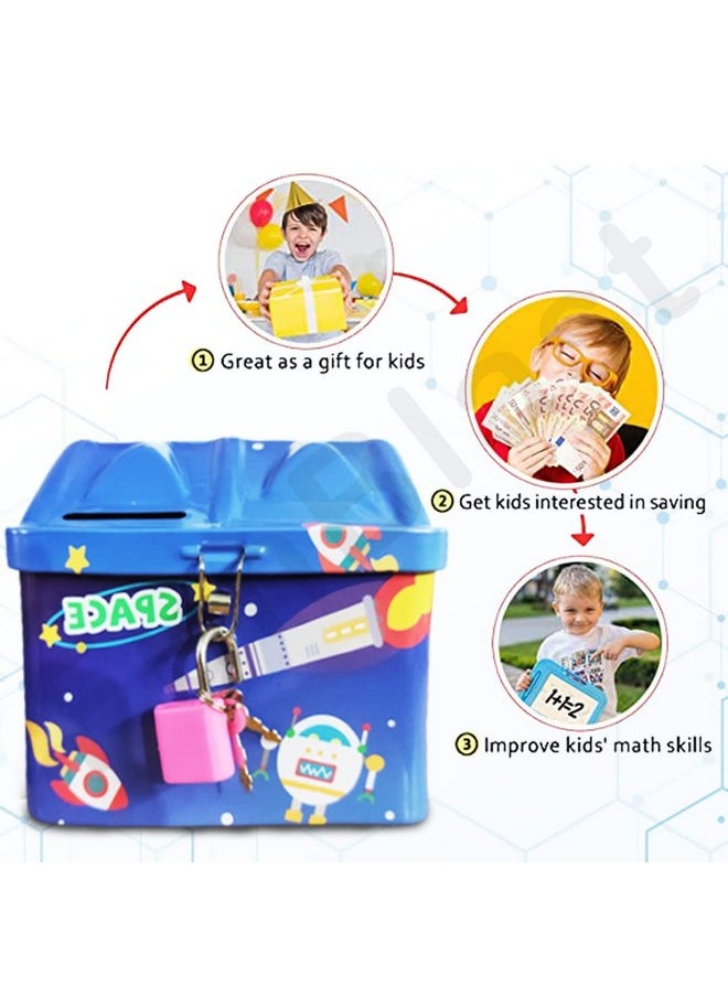 FunBlast FunBlast Piggy Bank for Kids – Space Themed Money Saving Tin Coin Box with Lock and Key – Birthday Return for Boys & Girls, Money Bank, Coin Box for Kids (Blue)  - Image 5