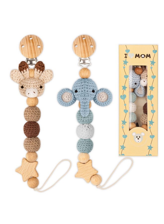 LSTRAGY Pacifier Clip, 2 Pack Pacifier Holder for Boys and Girls, Cute Deer Handmade Knitted Christmas Pacifier Clip Fits for Most Pacifier, Baby Teethers, Baby Shower and Baby Gift(Elephant&Deer) - Image 1