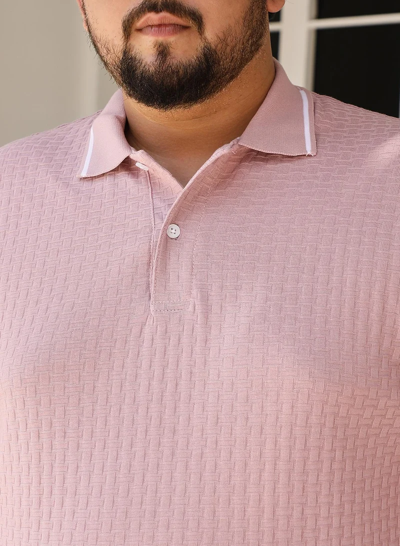 Instafab Plus Instafab Plus Men's Blush Pink Interweave-Textured Polo T-Shirt For Casual Wear | Polo Neck | Short Sleeves | Half-Button Closure | Plus Size T-Shirt Crafted With Comfort Fit For Everyday Wear