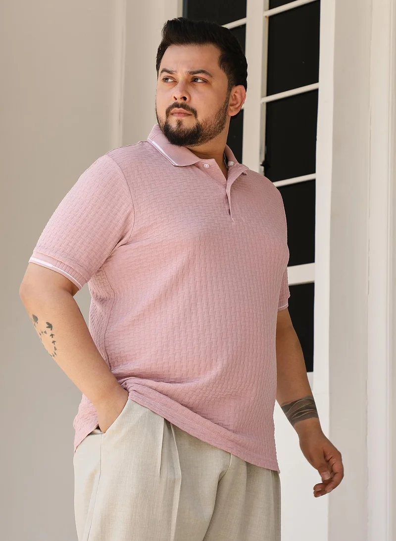 Instafab Plus Instafab Plus Men's Blush Pink Interweave-Textured Polo T-Shirt For Casual Wear | Polo Neck | Short Sleeves | Half-Button Closure | Plus Size T-Shirt Crafted With Comfort Fit For Everyday Wear