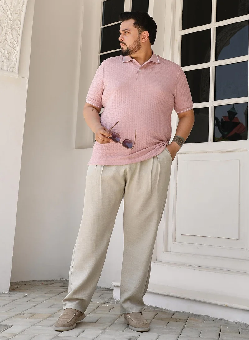 Instafab Plus Instafab Plus Men's Blush Pink Interweave-Textured Polo T-Shirt For Casual Wear | Polo Neck | Short Sleeves | Half-Button Closure | Plus Size T-Shirt Crafted With Comfort Fit For Everyday Wear