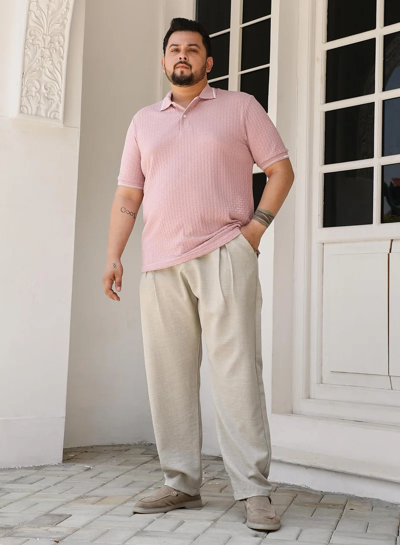 Instafab Plus Instafab Plus Men's Blush Pink Interweave-Textured Polo T-Shirt For Casual Wear | Polo Neck | Short Sleeves | Half-Button Closure | Plus Size T-Shirt Crafted With Comfort Fit For Everyday Wear
