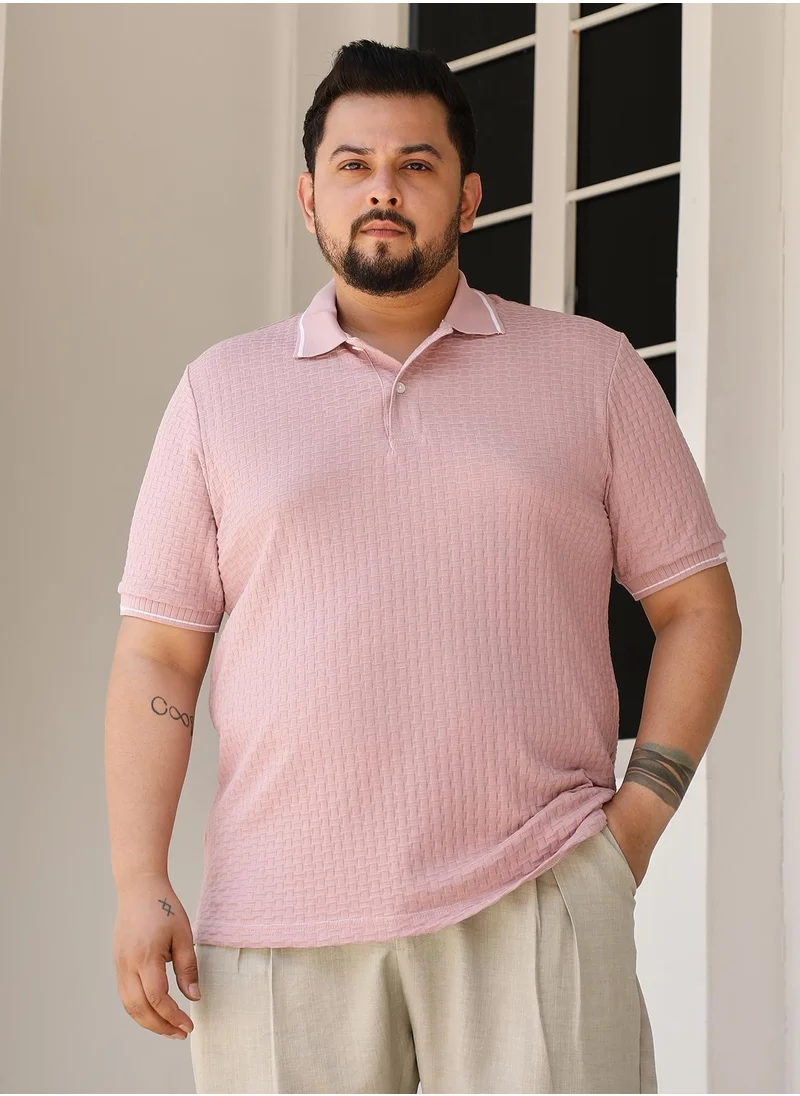 انستافاب بلس Instafab Plus Men's Blush Pink Interweave-Textured Polo T-Shirt For Casual Wear | Polo Neck | Short Sleeves | Half-Button Closure | Plus Size T-Shirt Crafted With Comfort Fit For Everyday Wear