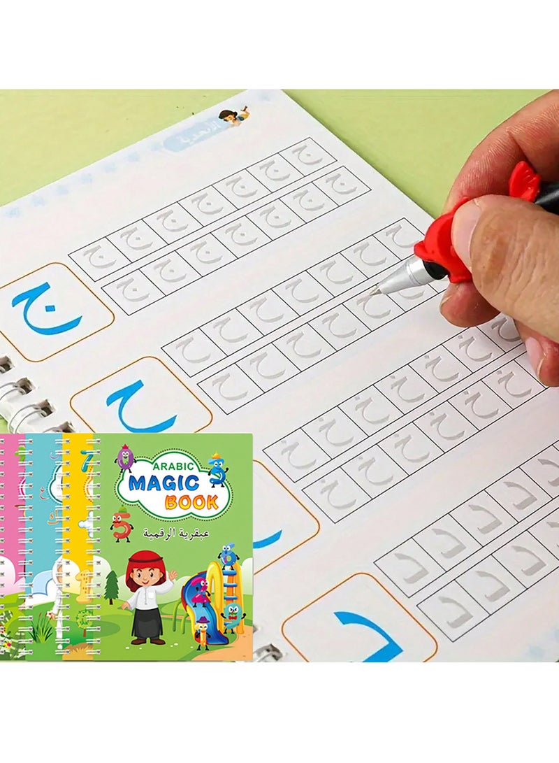 4 Pcs Arabic Calligraphy Magic Writing Set – Reusable Groove Practice Copybooks for Kids, Includes Arabic Alphabet, English, Numbers, and Drawing, Educational Handwriting Books with Disappearing Ink - Image 1