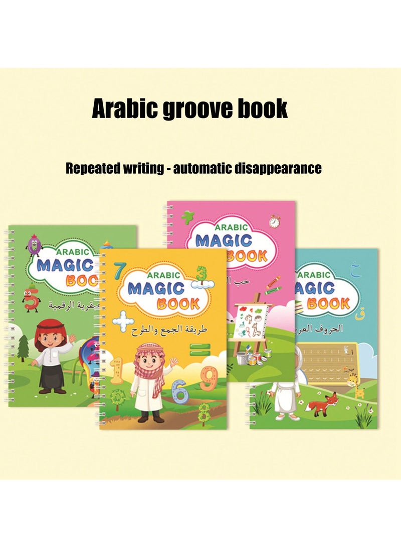 4 Pcs Arabic Calligraphy Magic Writing Set – Reusable Groove Practice Copybooks for Kids, Includes Arabic Alphabet, English, Numbers, and Drawing, Educational Handwriting Books with Disappearing Ink - Image 2