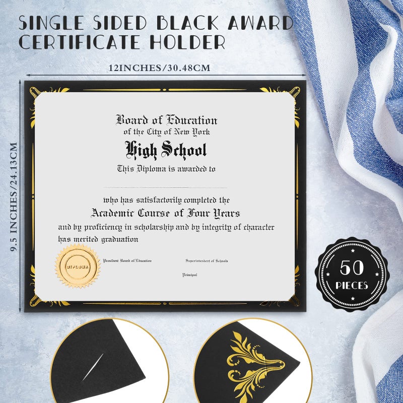 Fainne 50 Pcs Single Sided Certificate Holder Diploma Covers with Foil Border for 8.5 x 11 Inches Certificates Cardstock Document Papers Award Competition Supplies(Black, Gold) - Image 2