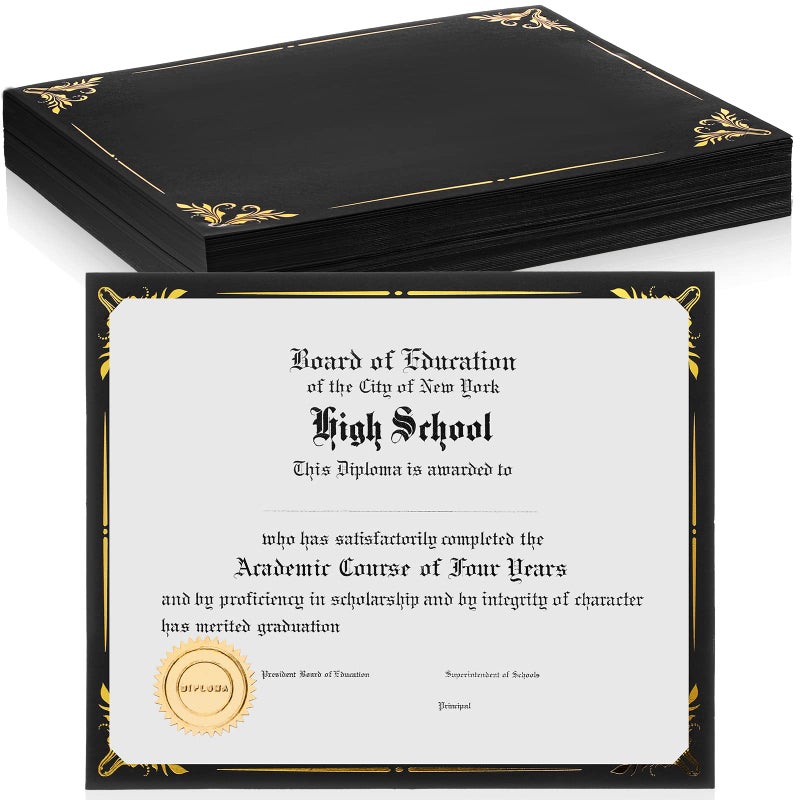 Fainne 50 Pcs Single Sided Certificate Holder Diploma Covers with Foil Border for 8.5 x 11 Inches Certificates Cardstock Document Papers Award Competition Supplies(Black, Gold) - Image 1
