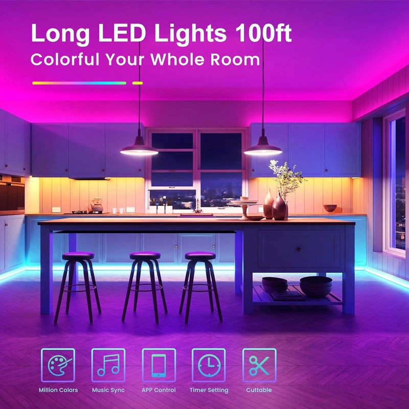 TJOY LED Lights for Bedroom 100ft, RGB Color Changing Led Strip Lighting with Remote and Smart APP Control, Music Sync Rope Lights via Bluetooth for Kitchen, TV, Room Decor - Image 3