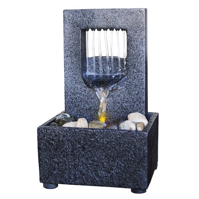 NATURES MARK RAINING SPOUT LED RELAXATION WATER FOUNTAIN WITH AUTHENTIC RIVER ROCKS