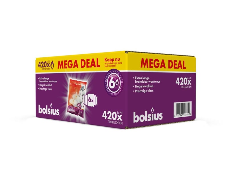 Bolsius  Value Pack Tea Lights  Box of 420  Tea Light  White  Long Burning Time of 6 Hours  Clean Burn  Includes Natural Vegan Wax  No Palm Oil