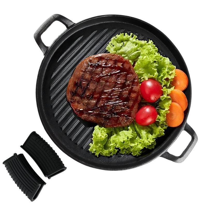 The Better Home The Better Home Rustic Series Cast Iron Grill Pan | Christmas Gifts | Enamel Coated Cast-Iron with Silicon Sleeve | Gas & Induction Cookware with Ergonomic Handle | Grill Tawa Pan (Black)  - Image 1