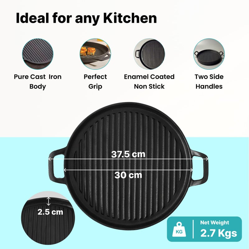 The Better Home The Better Home Rustic Series Cast Iron Grill Pan | Christmas Gifts | Enamel Coated Cast-Iron with Silicon Sleeve | Gas & Induction Cookware with Ergonomic Handle | Grill Tawa Pan (Black)  - Image 3