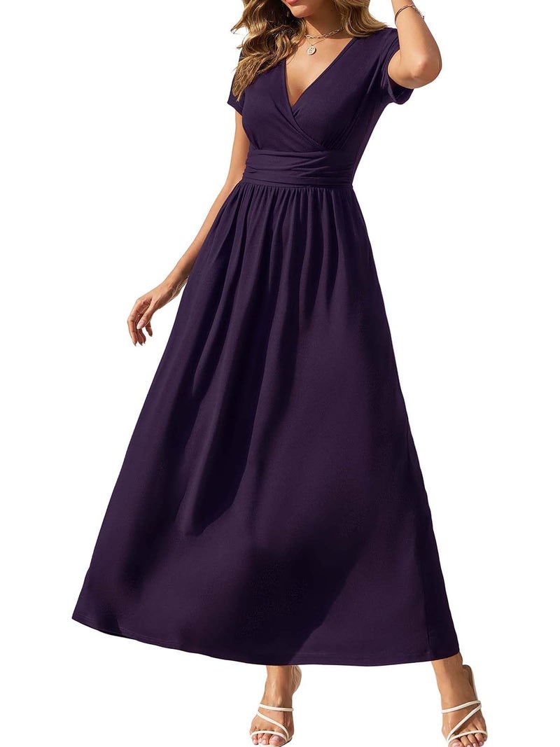 Gracyoga Womens Summer Wrap Dresses Fall Midi Smocked Swing Purple Empire Waist Dress Vintage V Neck High Waist Casual Long Sundress Dinner Outfit L - Image 1
