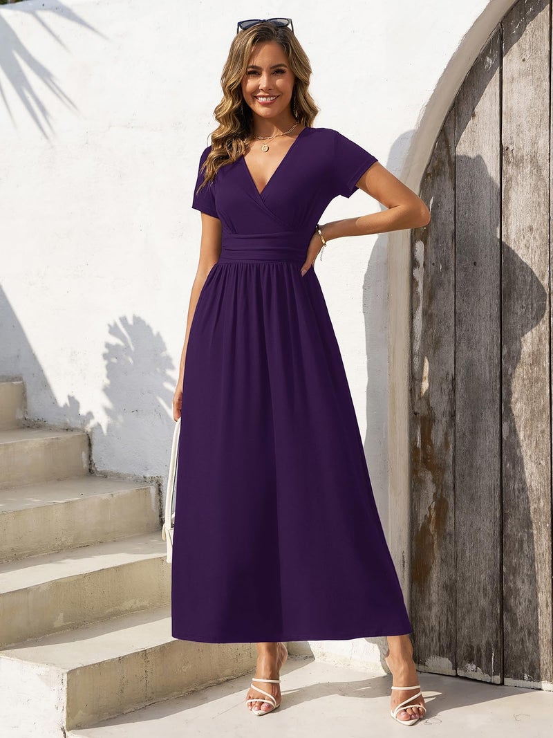Gracyoga Womens Summer Wrap Dresses Fall Midi Smocked Swing Purple Empire Waist Dress Vintage V Neck High Waist Casual Long Sundress Dinner Outfit L - Image 5