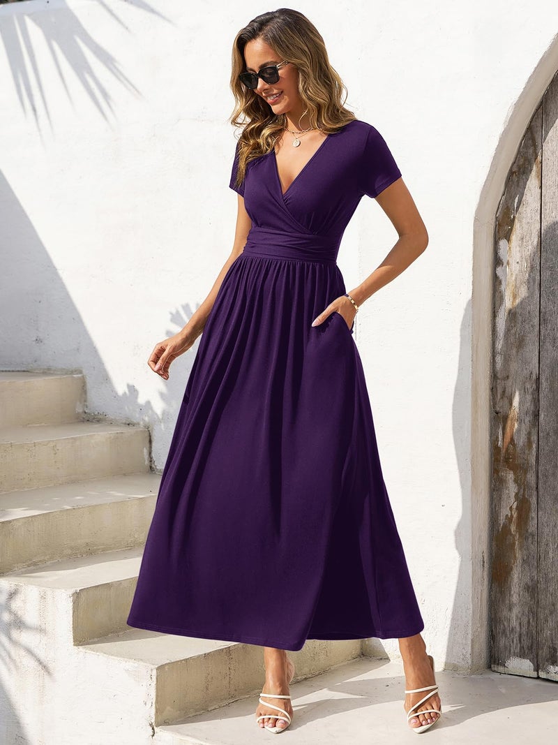 Gracyoga Womens Summer Wrap Dresses Fall Midi Smocked Swing Purple Empire Waist Dress Vintage V Neck High Waist Casual Long Sundress Dinner Outfit L - Image 2