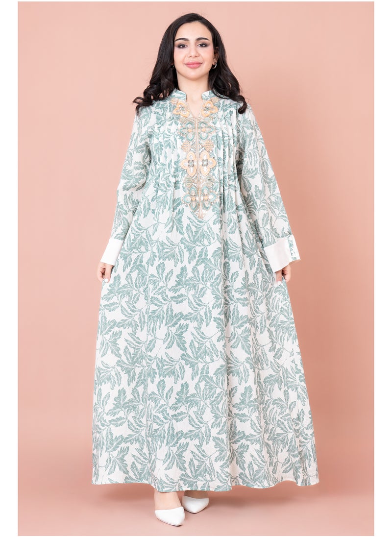 IKKXA Embroidered Leaf Print Jalabiya  - Image 1