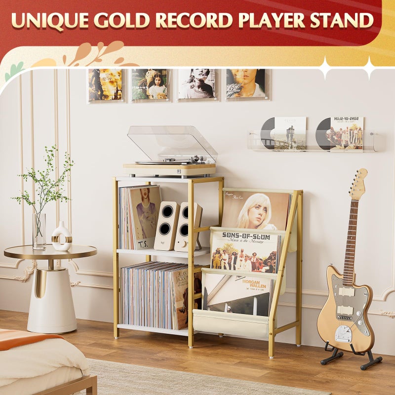 Bikoney Record Player Stand, Turntable Stand with 3-Tier Vinyl Record Storage, Record Player Table 200 Albums, End Table with Vinyl Display Holder Shelf, Record Player Cabinet Media Console for Stereo,Gold - Image 2