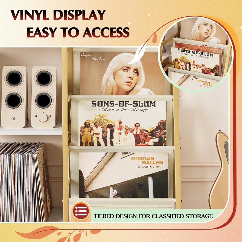 Bikoney Record Player Stand, Turntable Stand with 3-Tier Vinyl Record Storage, Record Player Table 200 Albums, End Table with Vinyl Display Holder Shelf, Record Player Cabinet Media Console for Stereo,Gold - Image 4