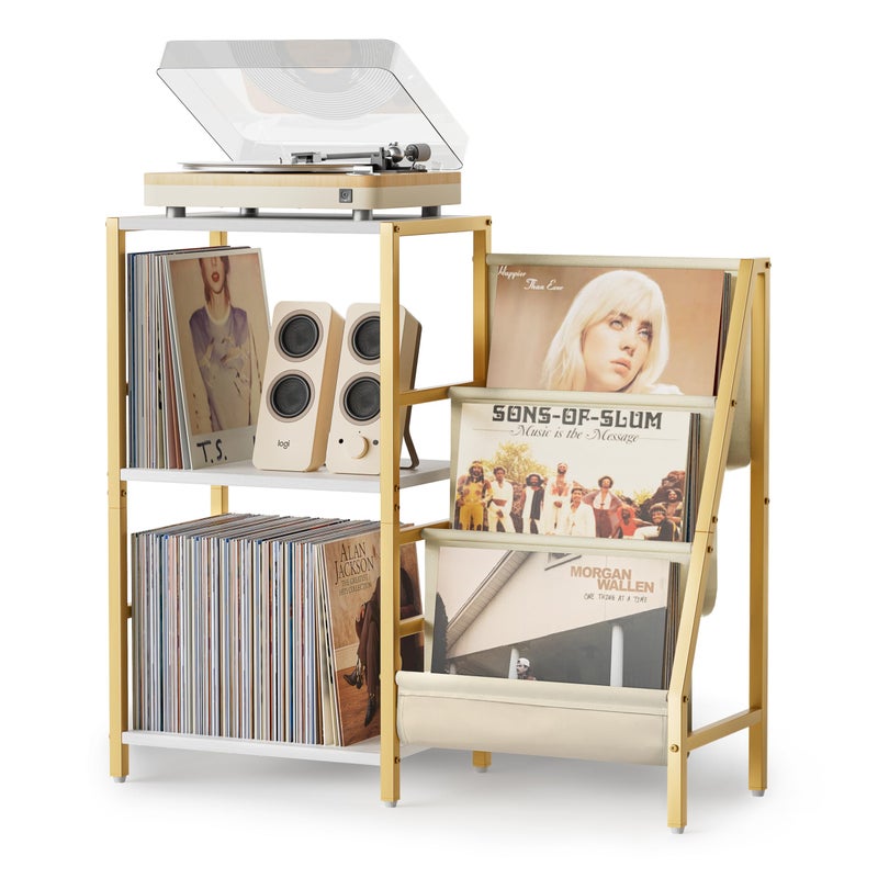Bikoney Record Player Stand, Turntable Stand with 3-Tier Vinyl Record Storage, Record Player Table 200 Albums, End Table with Vinyl Display Holder Shelf, Record Player Cabinet Media Console for Stereo,Gold - Image 1