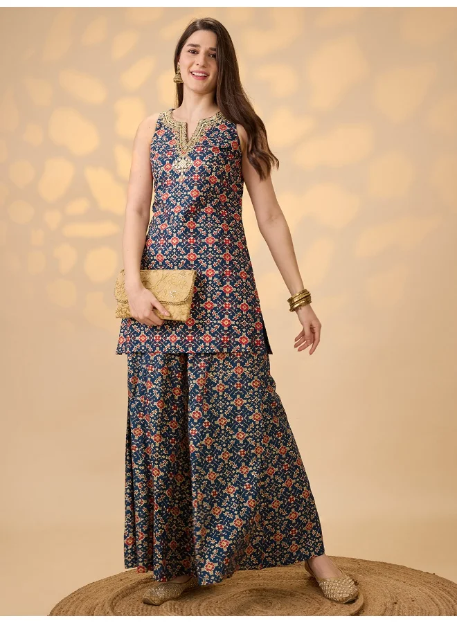 globus Women Navy Blue Embroidered & Mirror Work Yoke Ethnic Print Kurti With Palazzos Festive Co-Ord Set