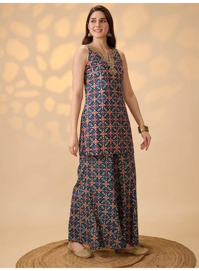 globus Women Navy Blue Embroidered & Mirror Work Yoke Ethnic Print Kurti With Palazzos Festive Co-Ord Set