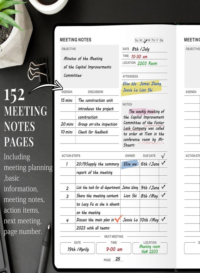 JUBTIC Meeting Notebook for Work with Action Items, Project Planner Work Planner for Office & Business Taking Notes, Agenda Organizer Supplies for Men & Women,160 Pages (8.5”x11”) - Black - Image 4