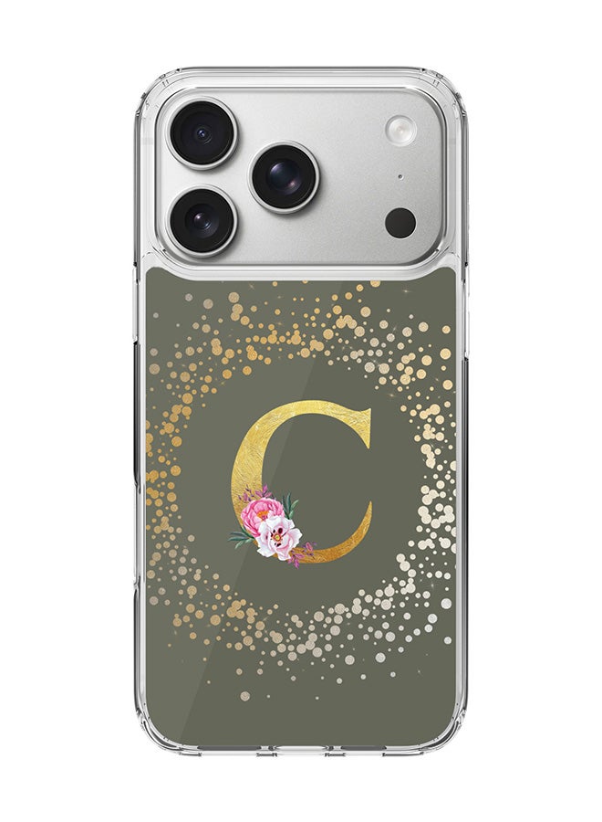 Stylizedd Classic Clear MagSafe Case for iPhone 17 Pro , Hybrid Soft Case Flexible Edges Anti Drop TPU PC Gel Thin Transparent Cover [ Designed for iPhone 17 Pro ] - Custom Monogram Initial Letter Floral Pattern Alphabet - C  (Olive Green )